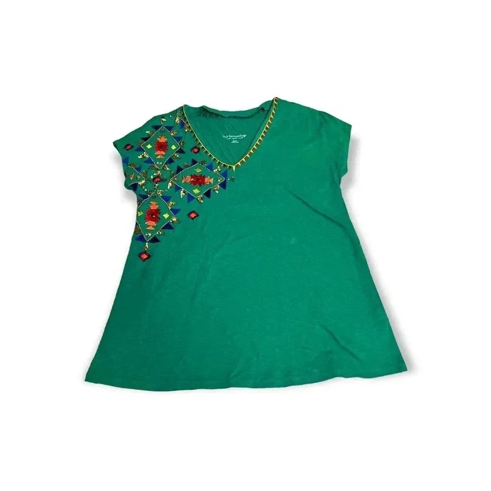 Soft Surroundings Womens Green Passion Flower Sequin Tee Sz S Embroidered Tropic